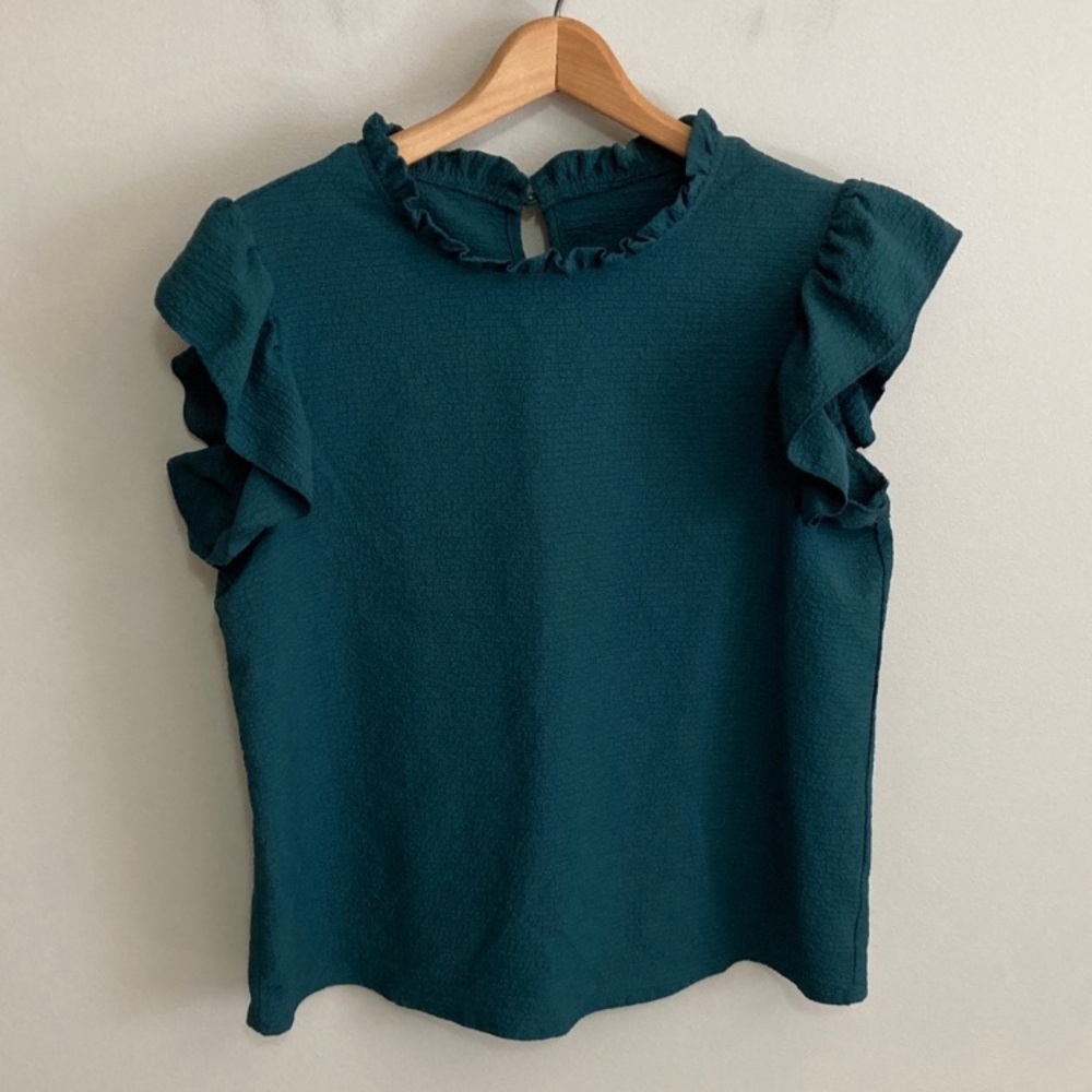 Elegant Teal Green Ruffle Sleeve Blouse, Niay, Women’s size large, textured